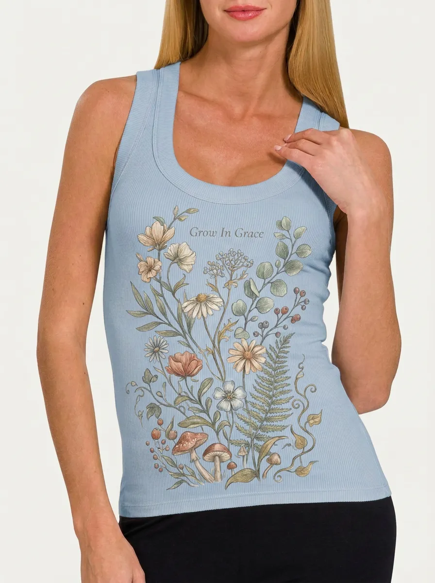 Women's Christian Faith Grow In Grace Wildflower Mushroom Printed Tank Top