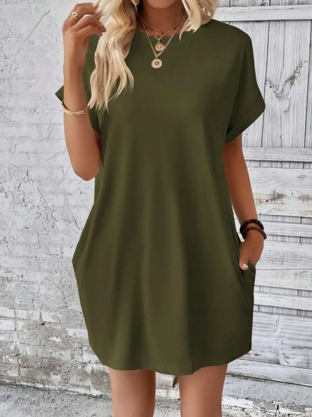 Round-Neck Short-Sleeve Cotton Casual Dress