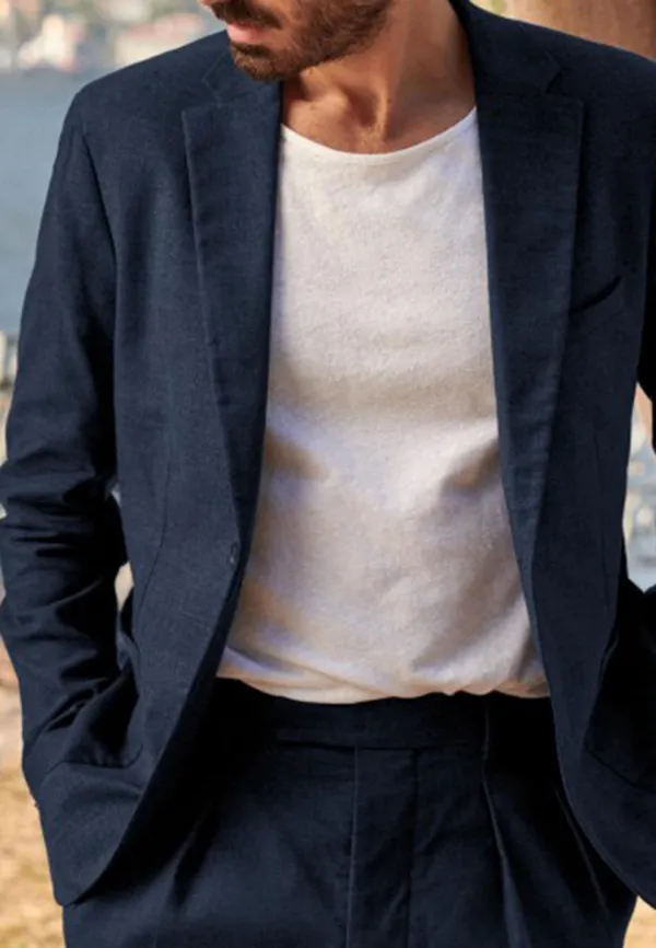 Navy Blue Linen Blend Unstructured Blazer Jacket