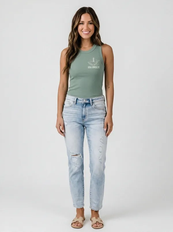 Women's Sea Breeze Whale Lighthouse Printed Ribbed Tank Top