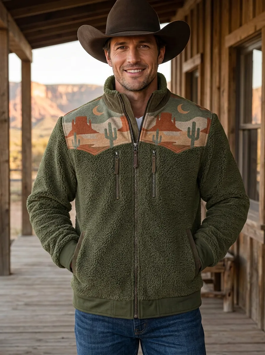 Canyon Trail Cactus Desert Landscape Graphic Men's Western Fleece Jacket