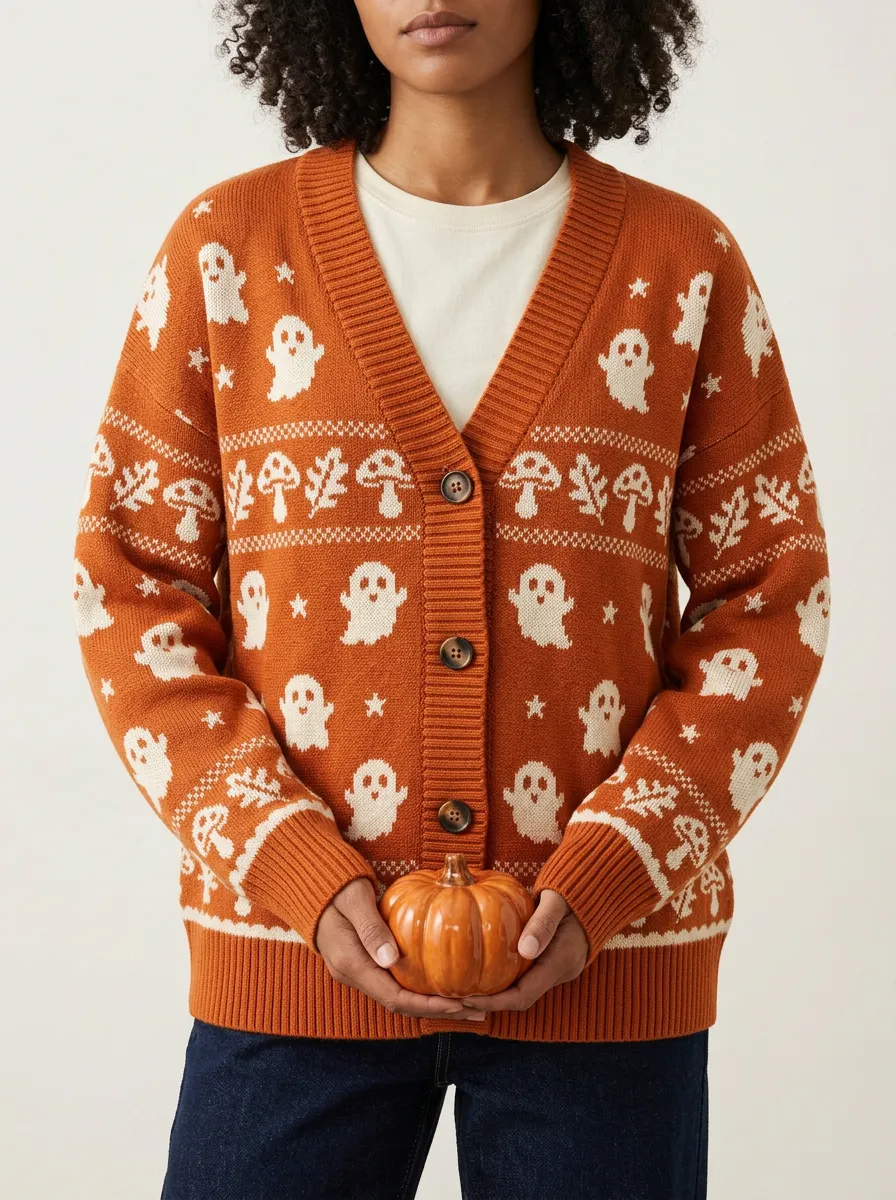 Women's Halloween Ghost Mushroom Pattern Knitted Cardigan