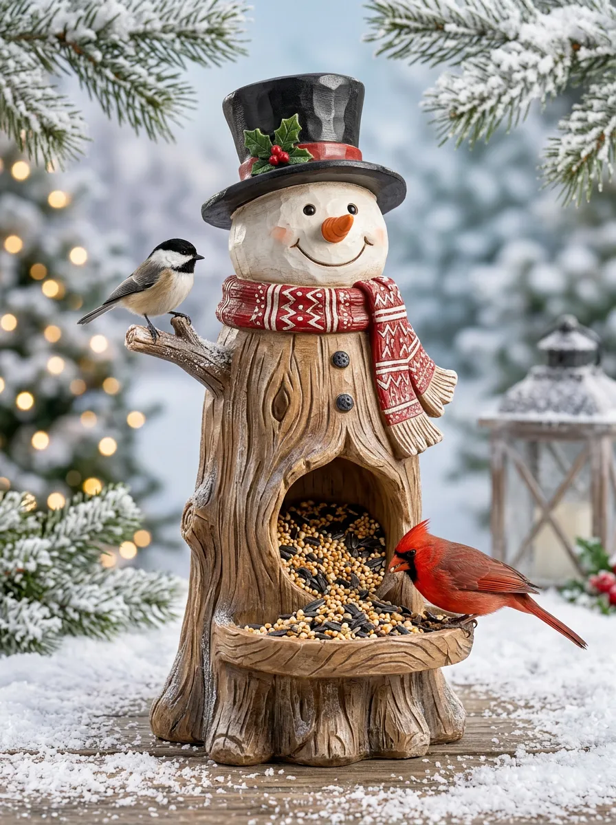 Snowman Tree Trunk Christmas Bird Feeder