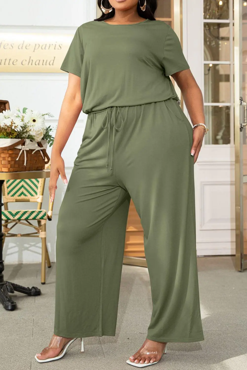 Plus Size Drawstring Waist Short Sleeve Shorts