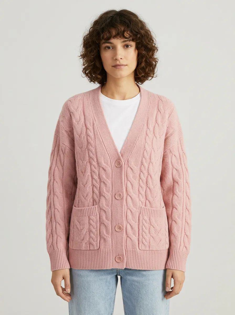 Women's Pink A2 Cable Knit Button Down Cardigan