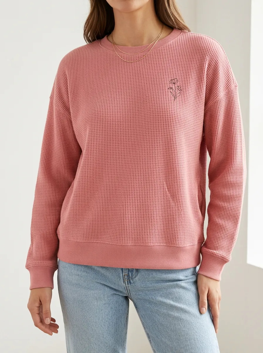 Women's Minimalist Floral Line Art Waffle Knit Sweatshirt