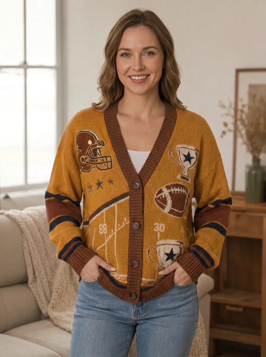 Women's Classic Sport Inspired Gridiron Helmet Trophy Ball Knit Cardigan