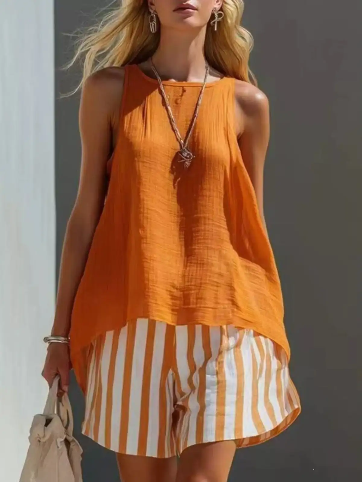 Round-Neck Striped Shorts Matching Set