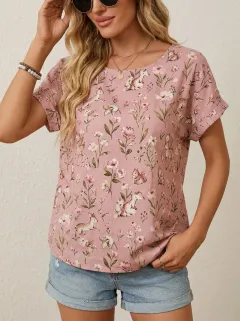 Deer Squirrel Floral Women's Loose Printed T-Shirt