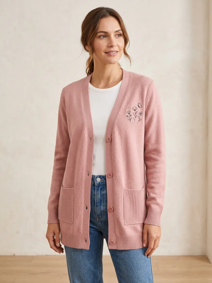 Pink Butterfly Floral Minimalist Print Cardigan