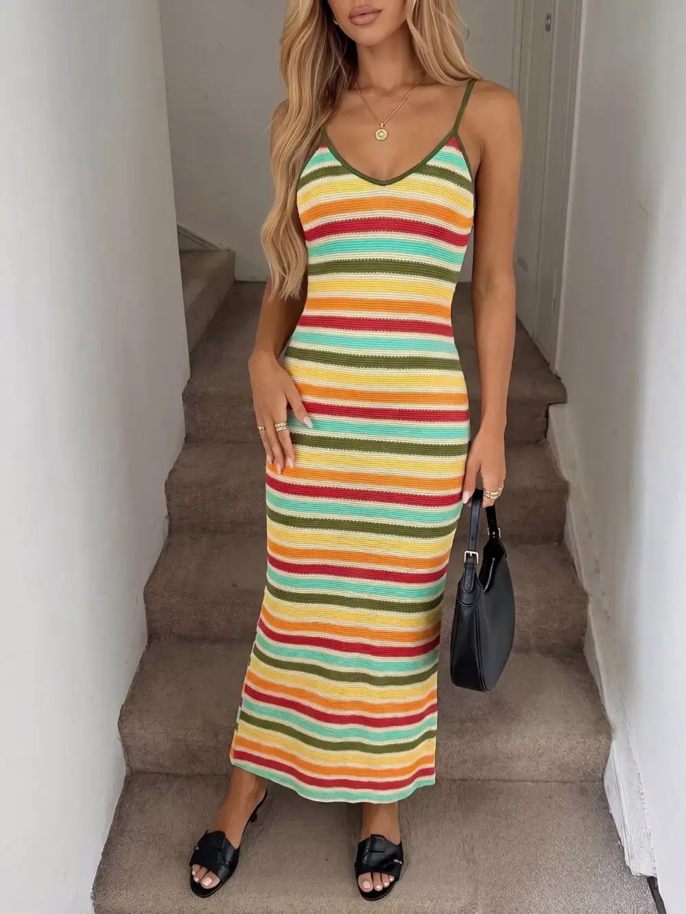 Bodycon Knit Striped Midi Dress