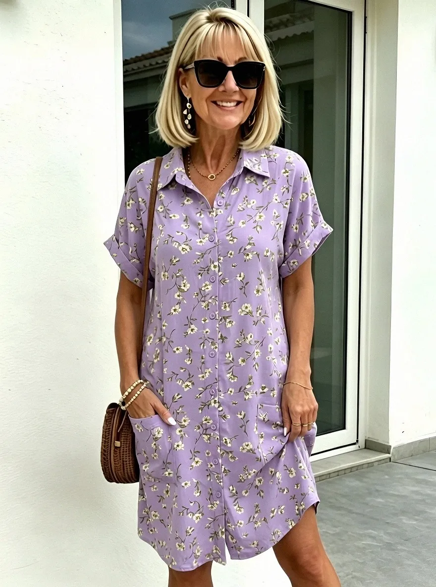 Women's Summer Vacation Sage Green Floral Printed Shirt Dress