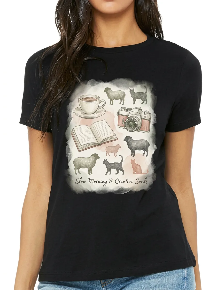 Women's Creative Soul Sheep Cat Camera Book Printed T-shirt