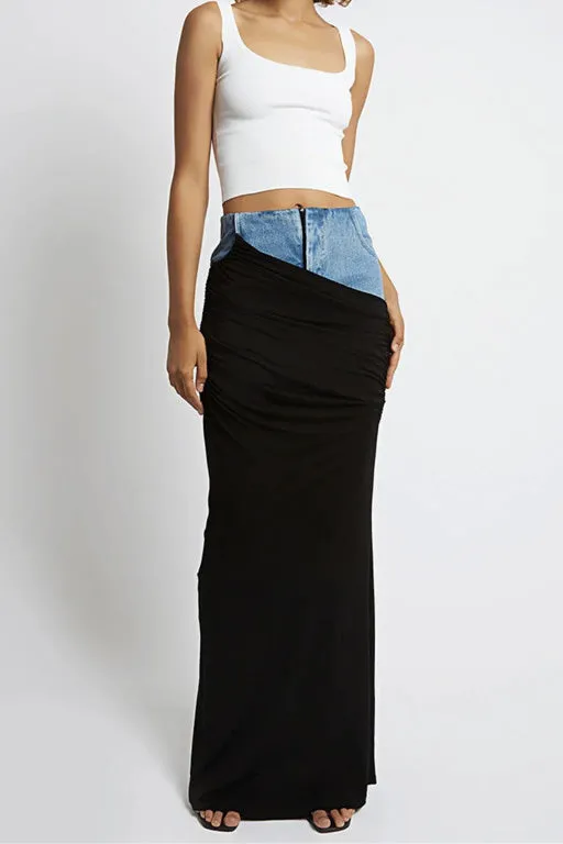 Ruched Denim Maxi Skirt
