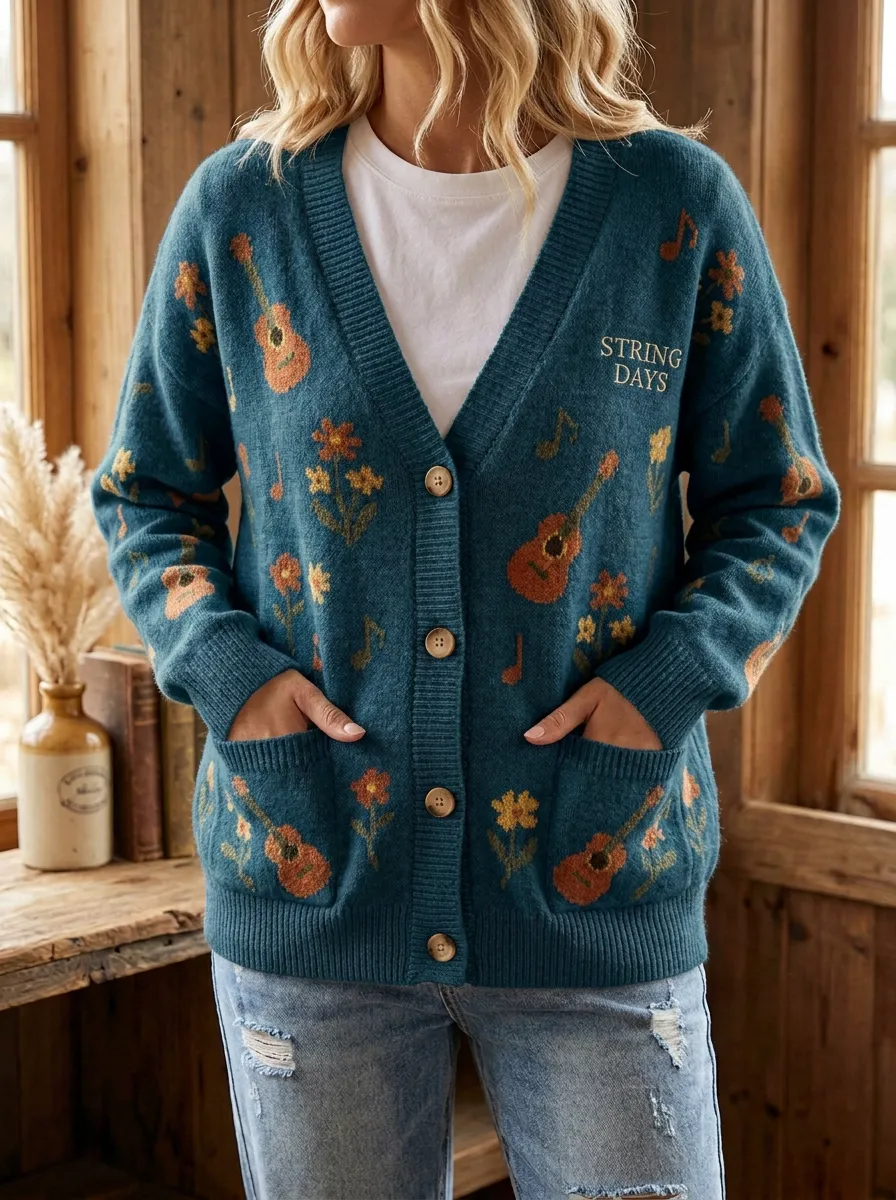 Guitar Floral Women's Country Music Casual Cardigan