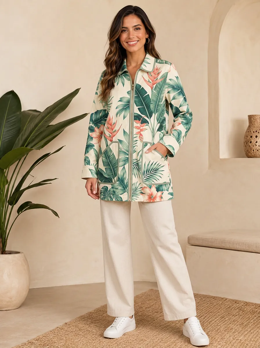 Women's Tropical Botanical Floral Printed Zip-Up Jacket