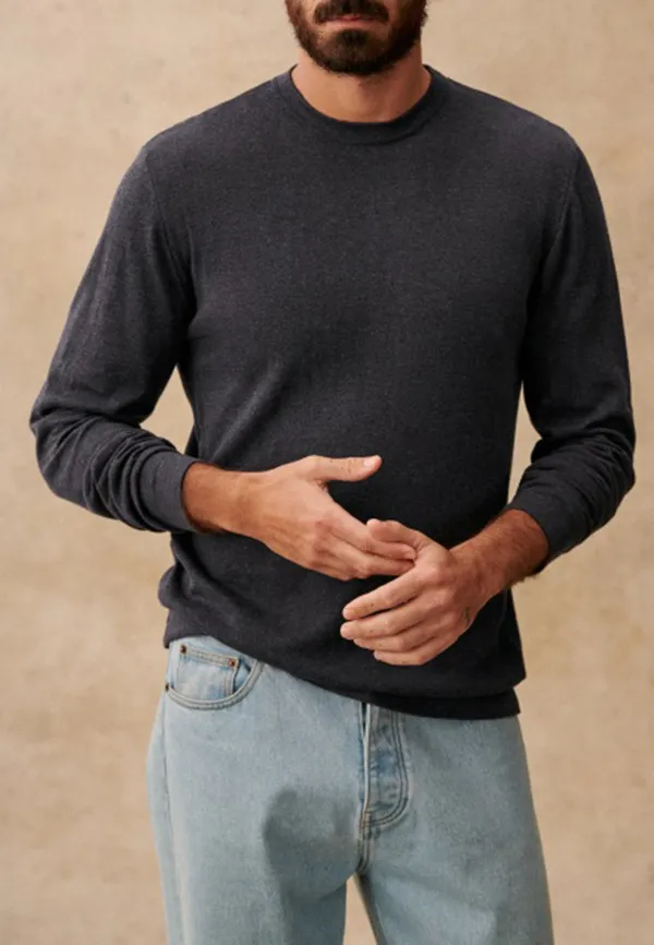 Mottled Blue Heathered Knit Crew Neck Sweater