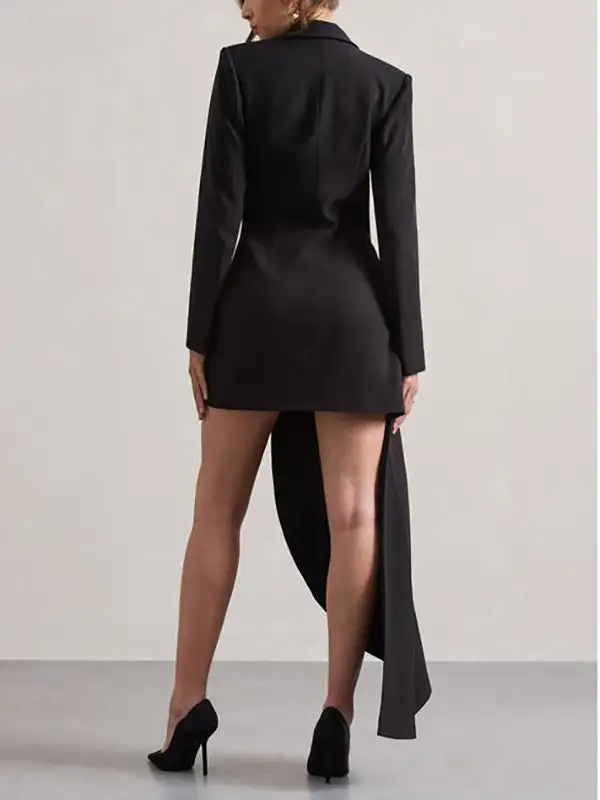 Long Sleeve Asymmetric Button Front Pocket Solid Color Blazer