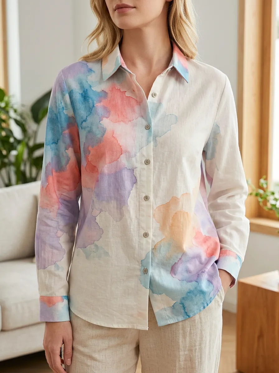 Women's Painterly Abstract Watercolor Pastel Shirt