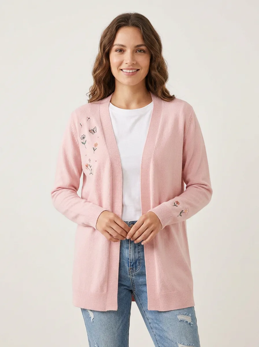 Women's Floral Butterfly Nature Lover Embroidered Pink Knit Cardigan