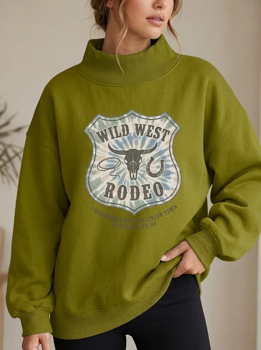 Wild West Rodeo Cow Skull Tie Dye Mock Neck Sweatshirt