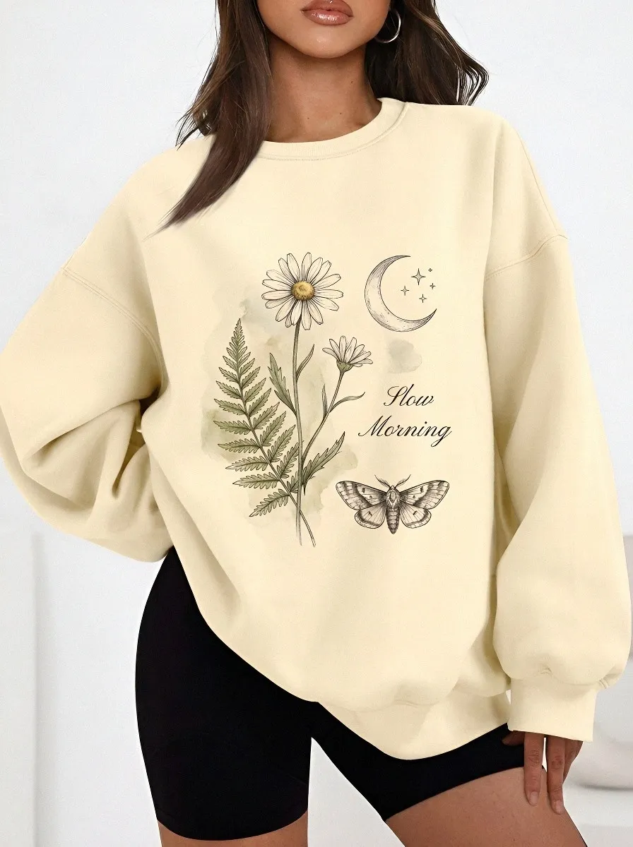 Women's Botanical Slow Morning Daisy Moth Moon Printed sweatshirt