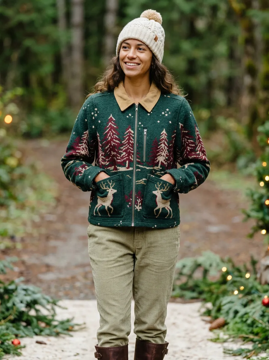 Christmas Holiday Reindeer & Pine Tree Print Jacket