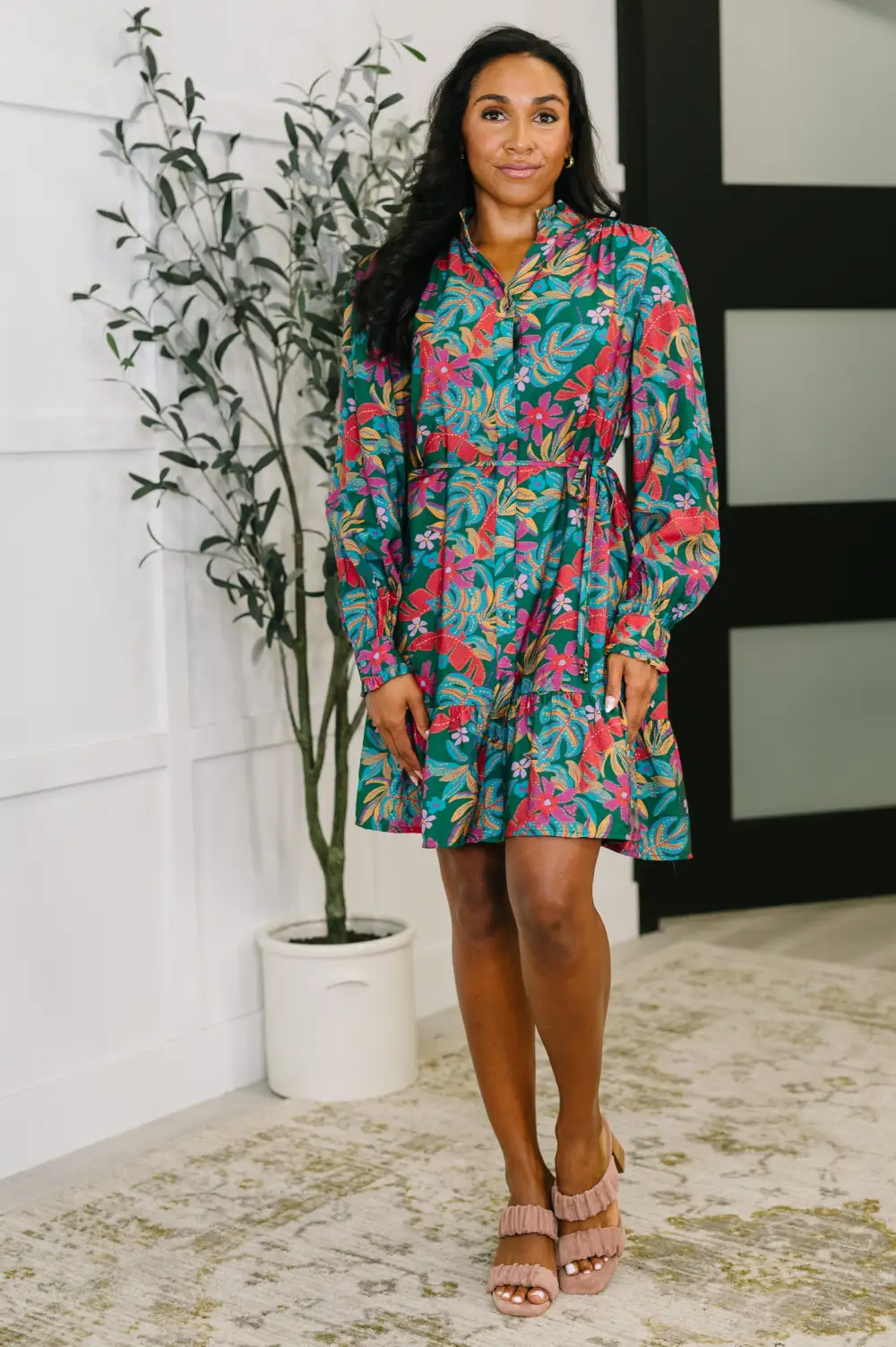 Tiered V-Neck Long-Sleeve Casual Dress