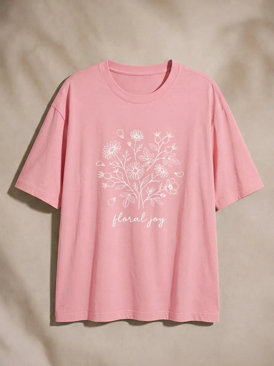 Women's Nature Lover Floral Joy Botanical Line Art Printed T-shirt