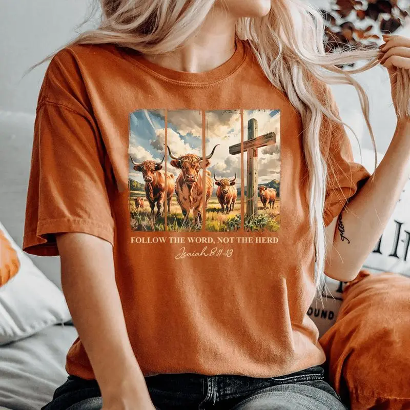 Follow The Word Not The Herd Christian Western Highland Cow Women's Oversized Comfort T-Shirt