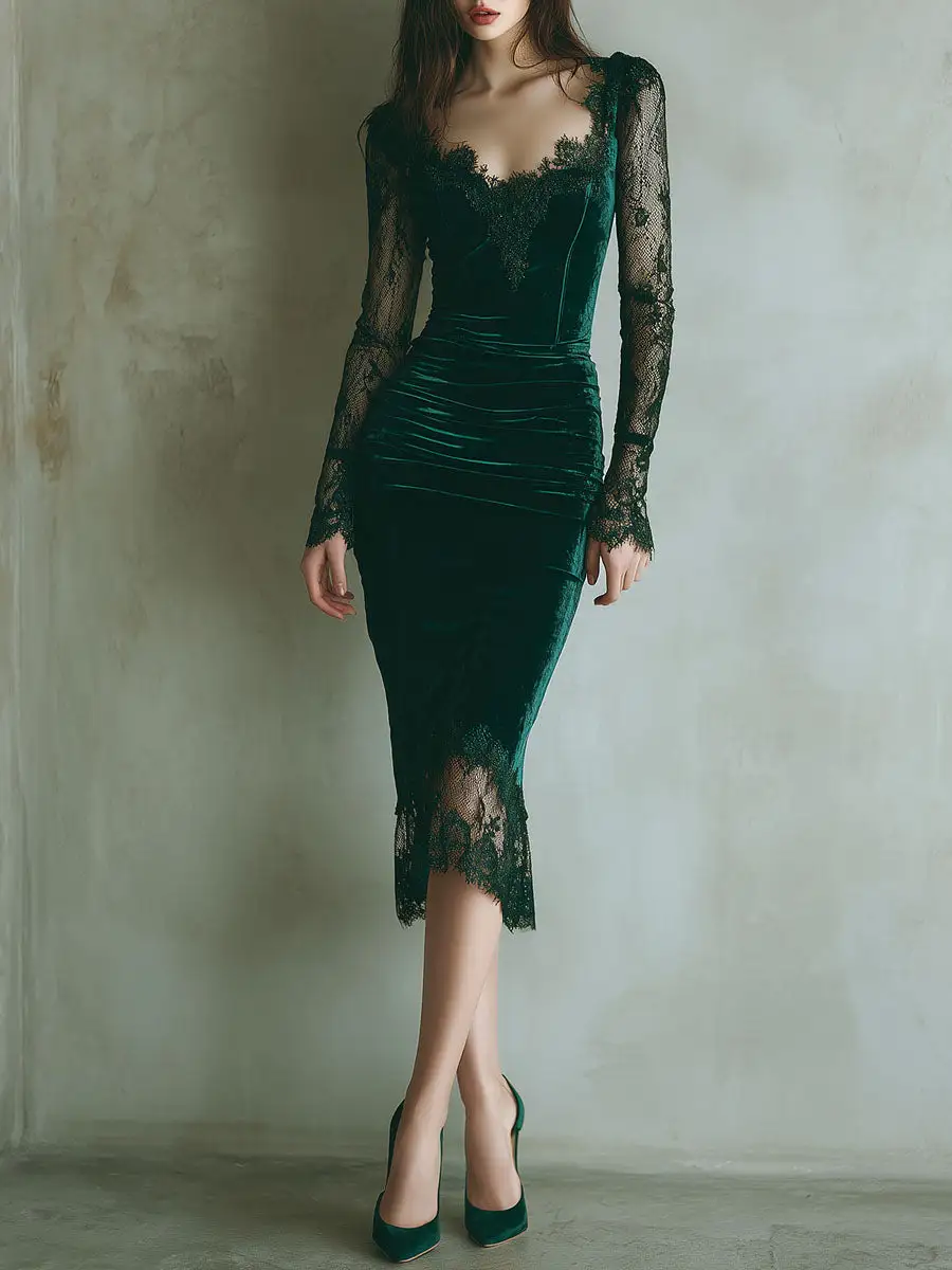 Elegant Green Velvet Long Sleeve Lace Midi Dress