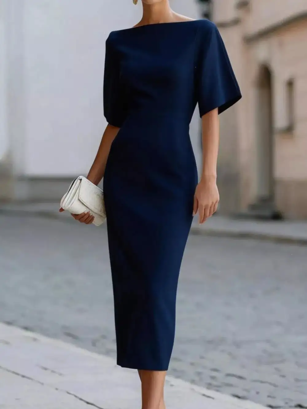 Half Sleeve Boat Neck Midi Dress