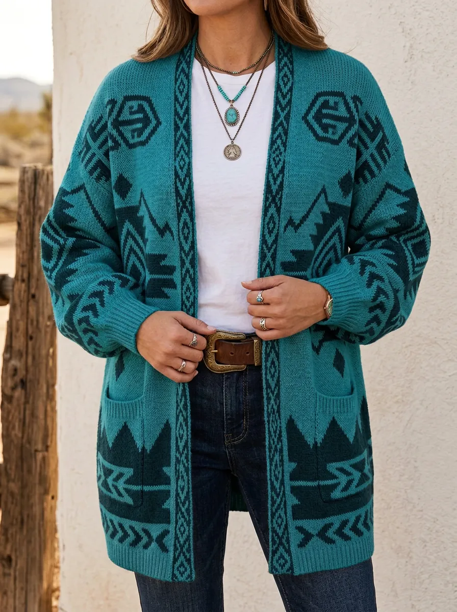 Women's Western Beige and Brown Southwestern Pattern Open-Front Cardigan