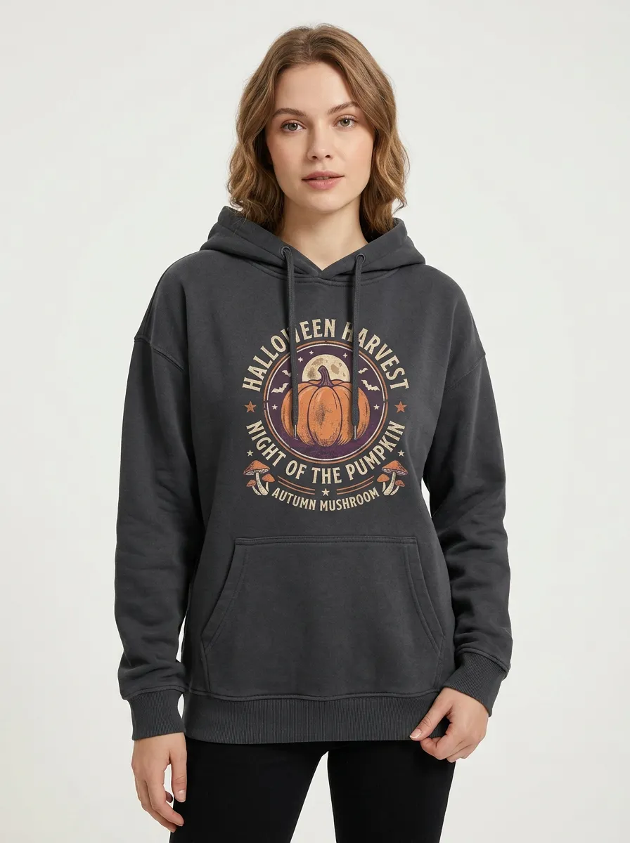 Women's Halloween Pumpkin Mushroom Harvest Printed Hoodie