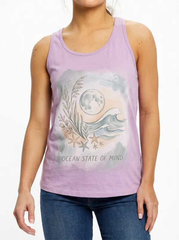 Women's Beach Lover Ocean State of Mind Moon Wave Printed Tank Top