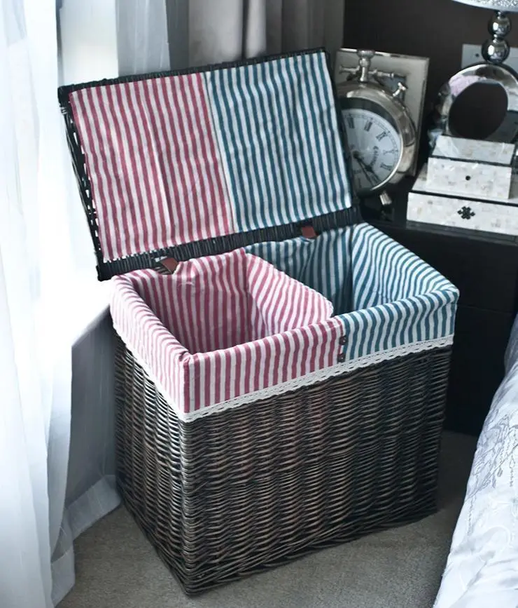 Lidded Two-Compartment Wicker Cotton Laundry Sorter