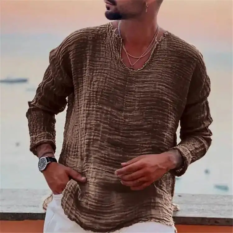 Men's Casual V-Neck Linen Shirt