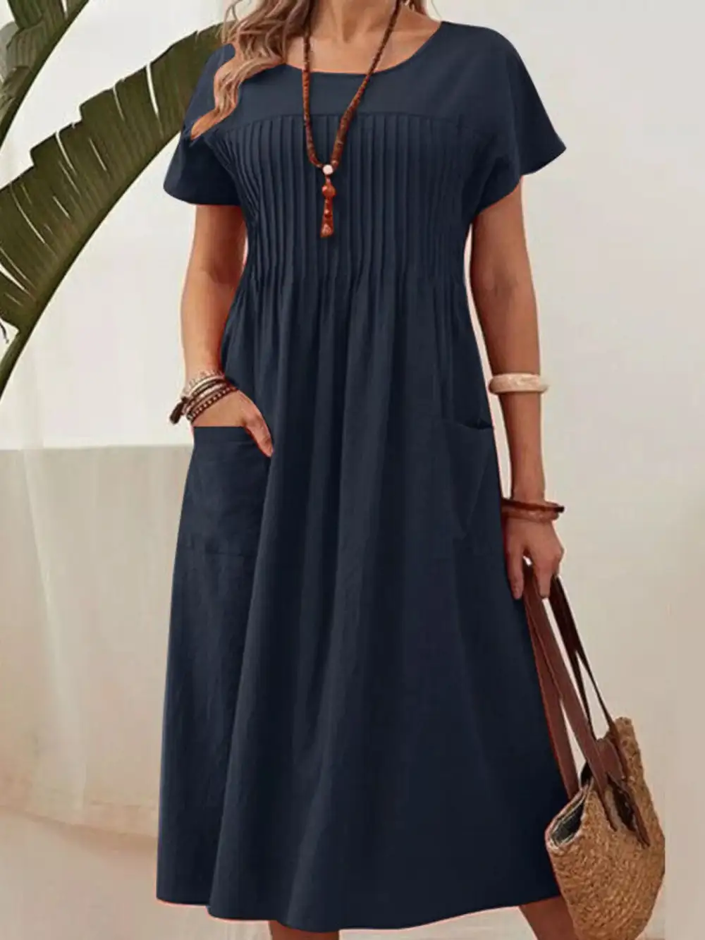 Full Size Round Neck Short Sleeve Midi Dress Plus Size