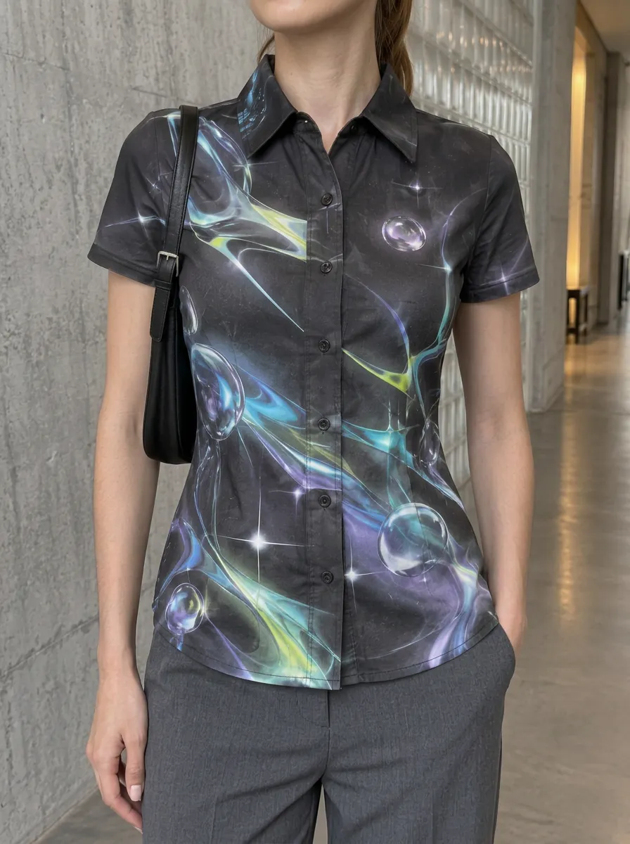 Women's Dynamic Y2K Aesthetic Abstract Bubble Galaxy Shirt