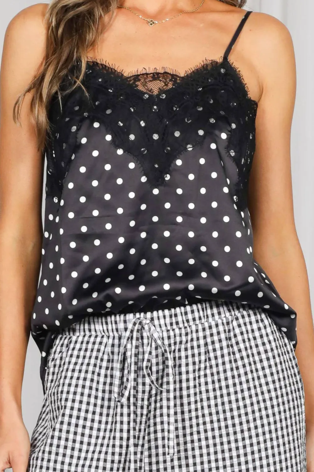 Adjustable Strap Lace Trim Dot Satin Camisole Top