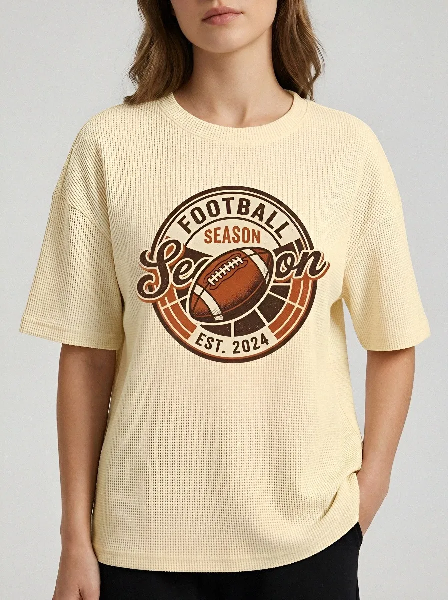 Women's Game-Day Football Season Vintage Graphic Printed Waffle T-Shirt