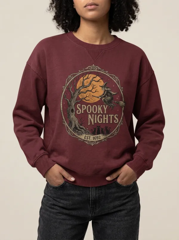 Women's Halloween Spooky Nights Witch Cat Printed Sweatshirt