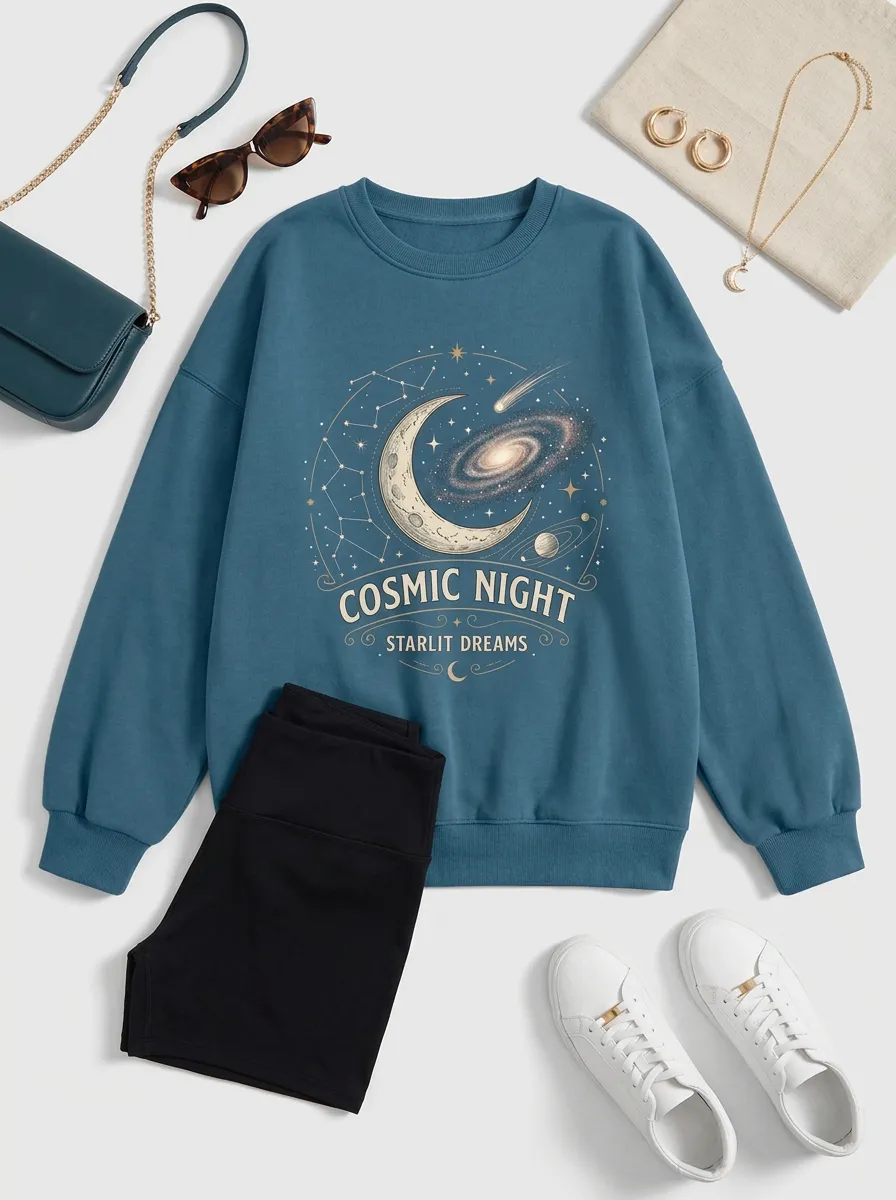 Women's Cosmic Night Galaxy Moon Printed T-shirt