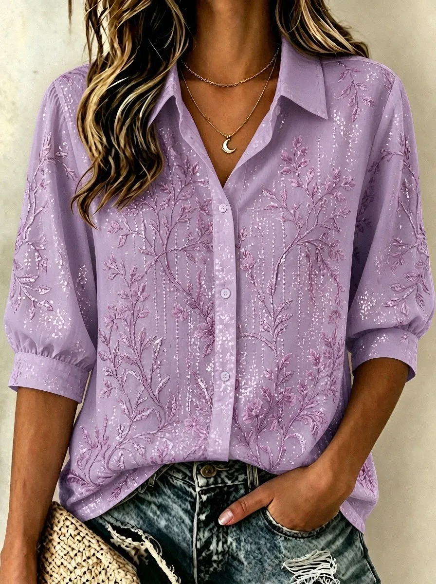 Women's Breast Cancer Awareness Pink Floral Embroidered Button-Down Shirt