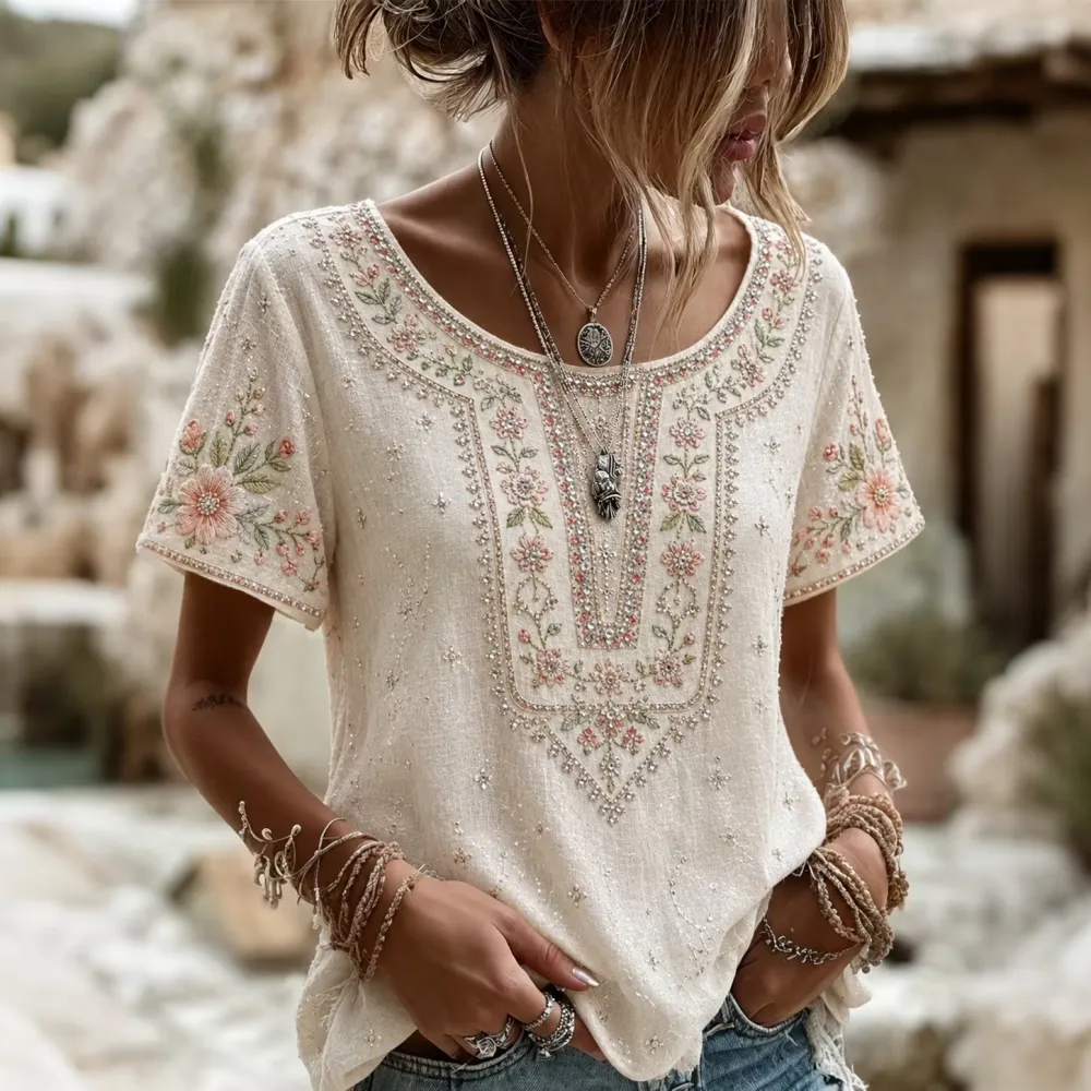 Women's Floral Rose Art Embroidered Linen Blend Tops