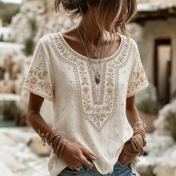 Women's Floral Rose Art Embroidered Linen Blend Tops