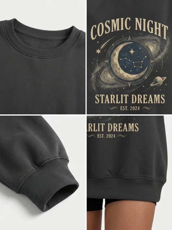 Women's Cosmic Night Starlit Dreams Moon Planet Printed T-shirt