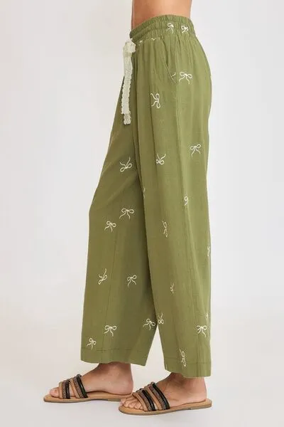 Full Size Lace Drawstring Embroidered Bow Wide Leg Pant