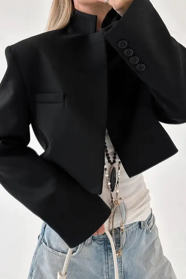 High-Waist Stand-Collar Structured Blazer