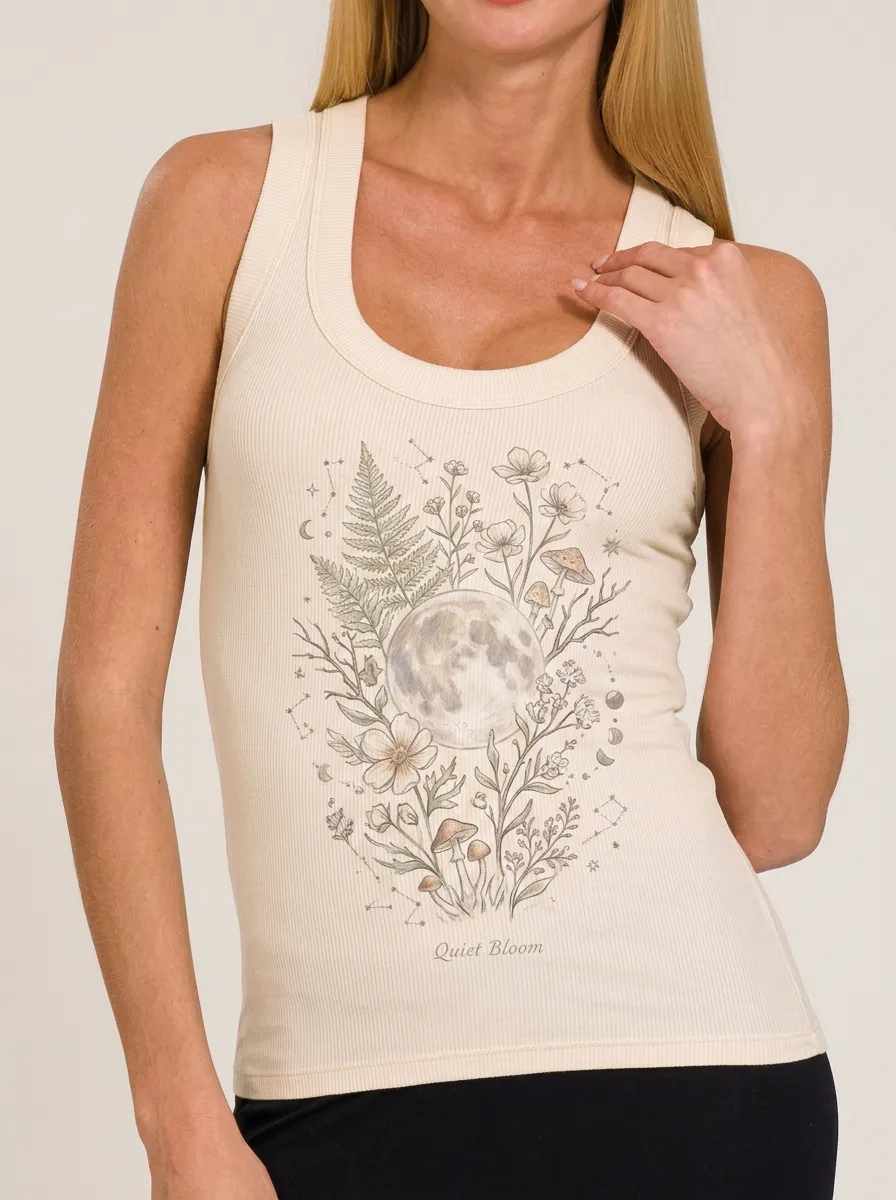 Women's Nature Lover Moon Mushroom Floral Printed Ribbed Tank Top